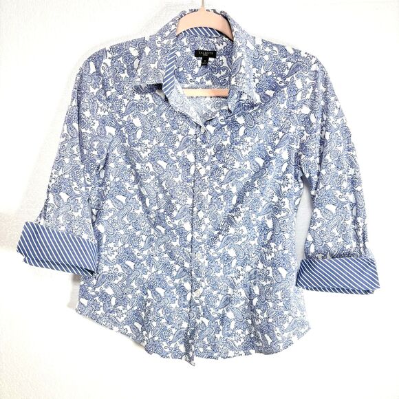 Talbots Petits 4P Blue Paisley Button Up Blouse Roll Up Sleeves Cotton - Picture 1 of 10